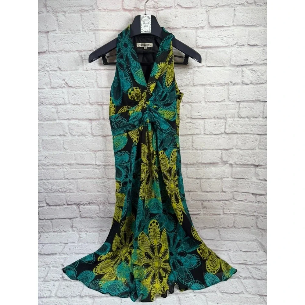 Evan Picone Everyday Art‎ Teal & Yellow Halter Neck Floral Dress Size 4 Side Zip